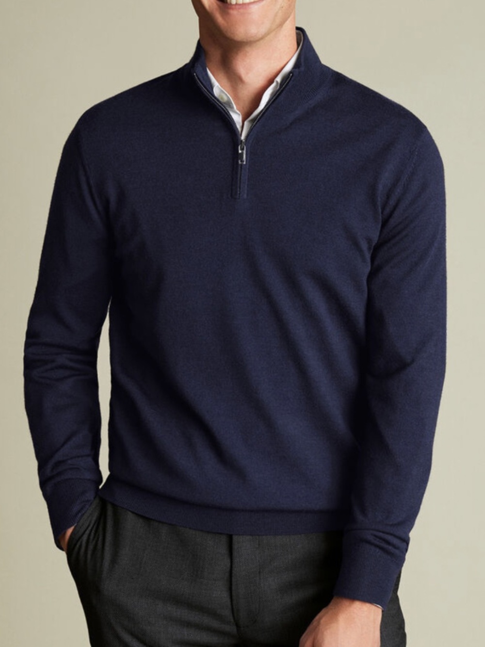 Charles Tyrwhitt Navy Merino Wool Quarter Zip in Large